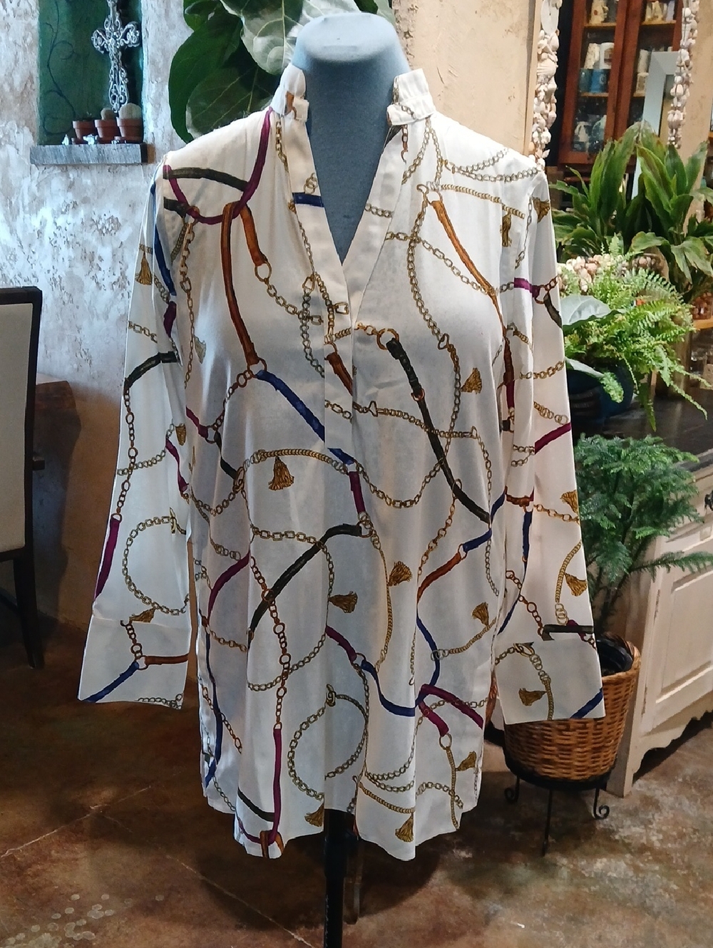 Chicos Women's Cream Chain-Print Long Sleeve  Tunic/Mini Dress